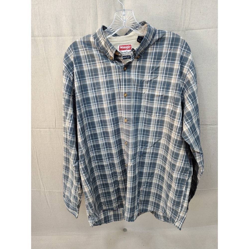Wrangler Premium Quality Mens Large Blue Plaid‎ Wrinkle Resist Button Down Shirt